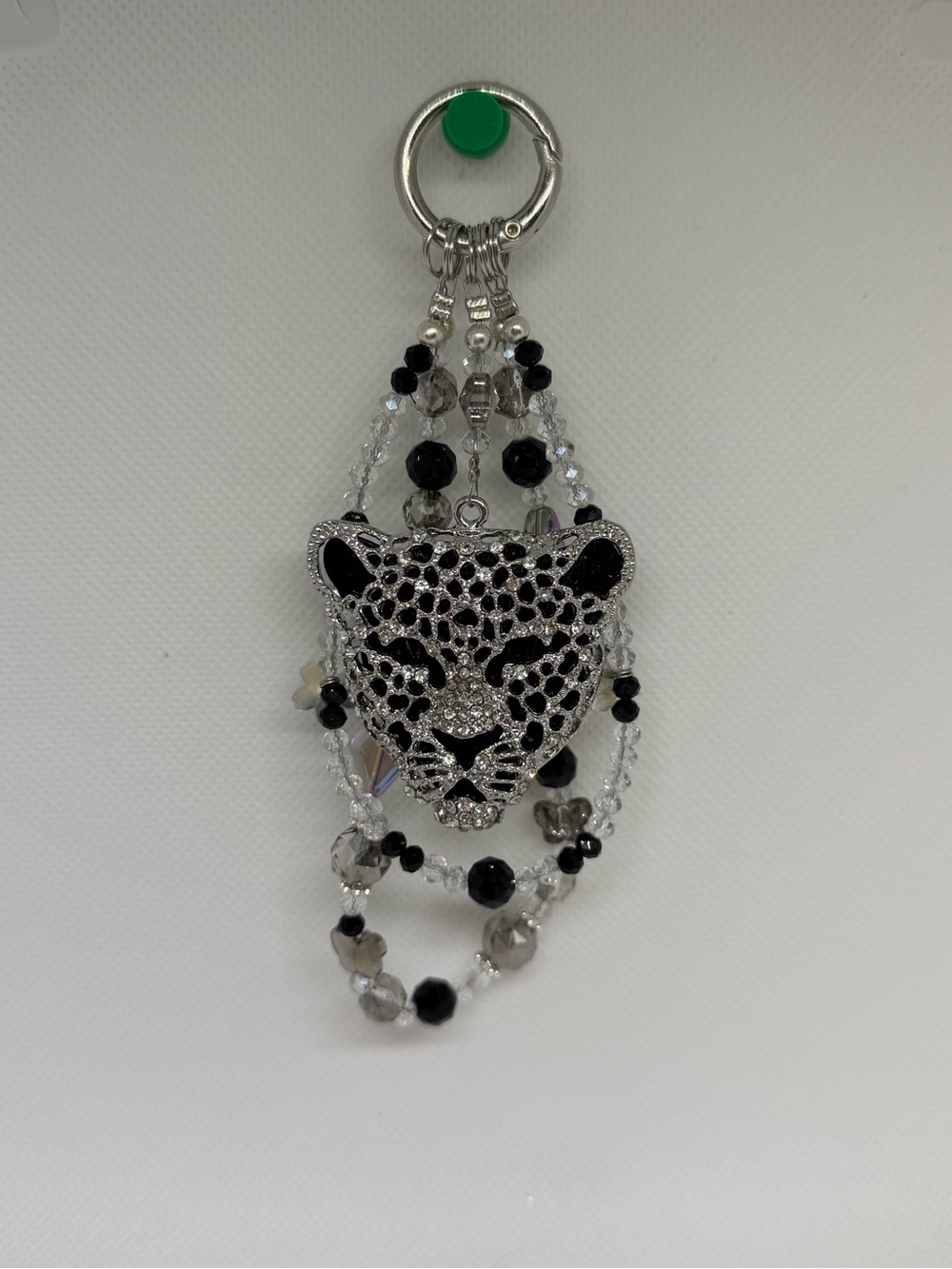 Crystal Leopard Face Keychain / Phone Chain - Black & Silver
